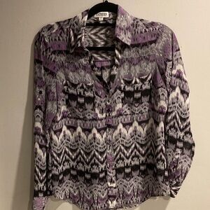 Express Women's Purple and Black Patterned Button Down Shirt